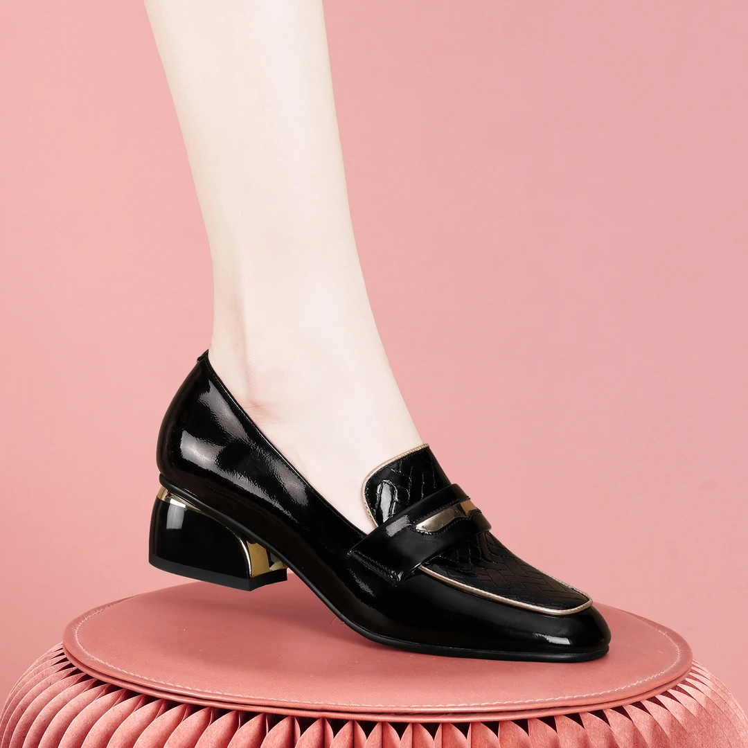 梵芮诗2024年春夏季新款方圆头中口简约条纹百搭粗跟女单鞋-H0137