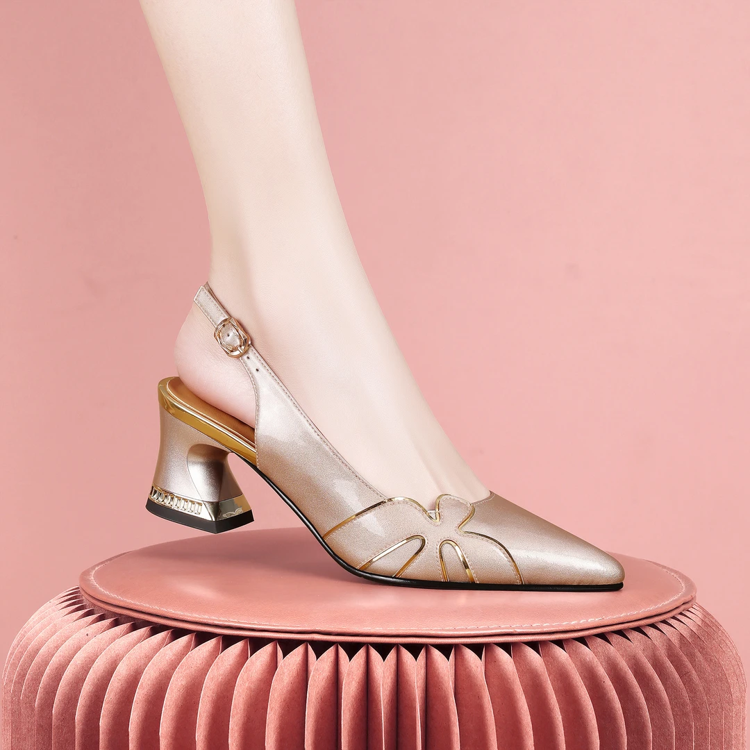 梵芮诗2024新款包头尖头浅口纯色气质简约风粗跟低跟女凉鞋-Y142