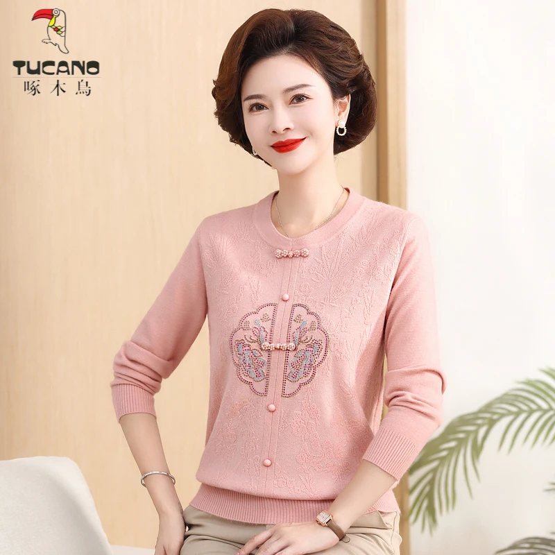 啄木鸟中老年时尚宽松百搭毛衣妈妈秋装新款针织衫新中式洋气上衣