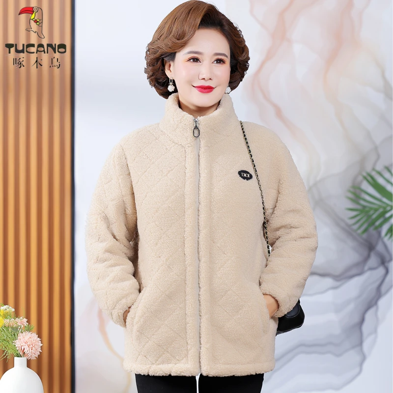 啄木鸟冬装颗粒绒外套加厚短款加绒卫衣女新款中老年时尚棉衣棉服