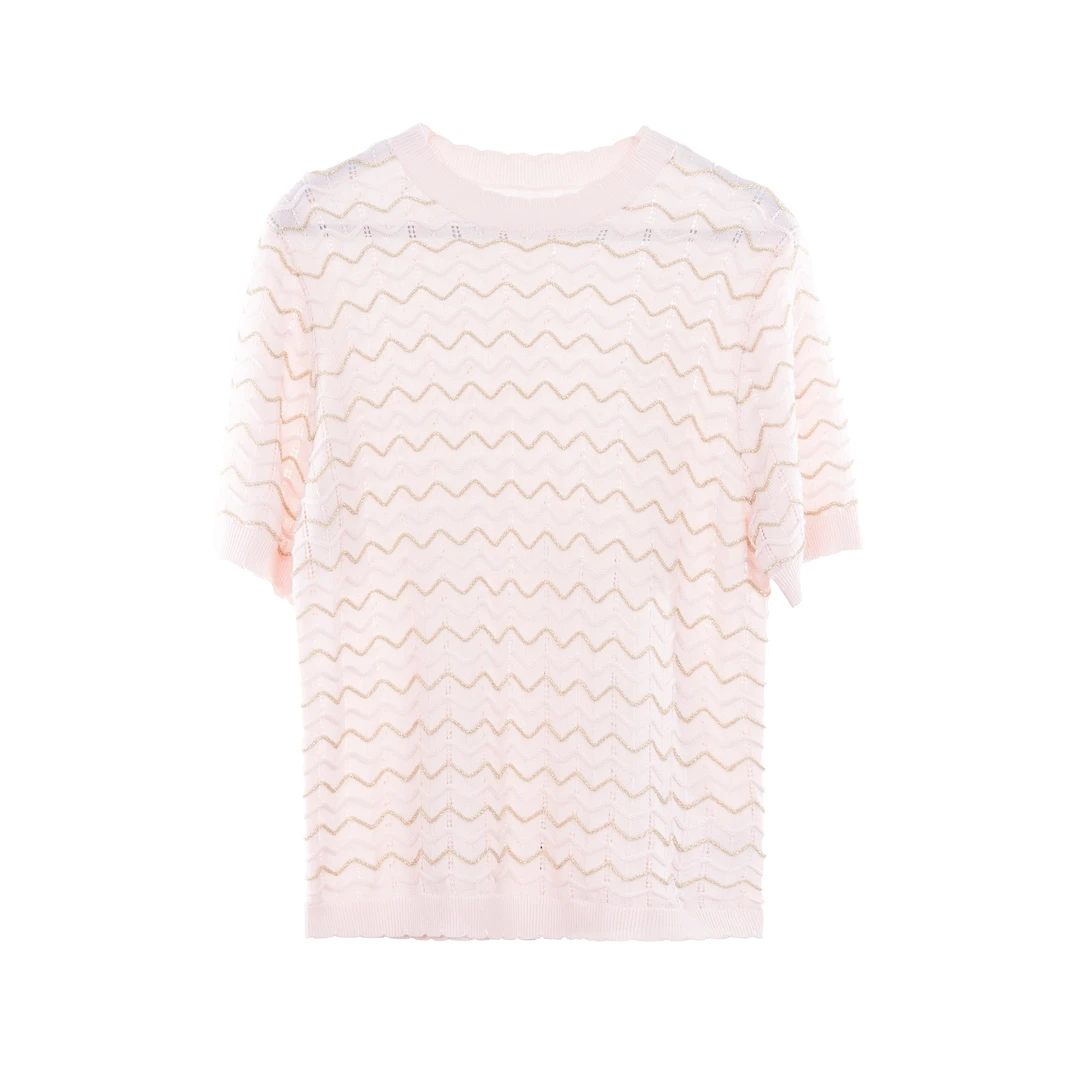 【曼姐】高定桑蚕丝羊毛波浪针织短袖上衣 35729时尚百搭夏季