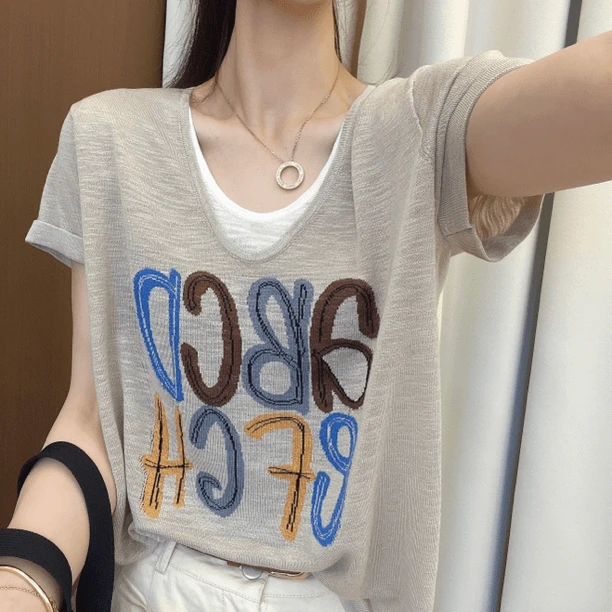 竹节棉假两件拼接短袖t恤女2025夏季新款洋气宽松休闲百搭上衣潮