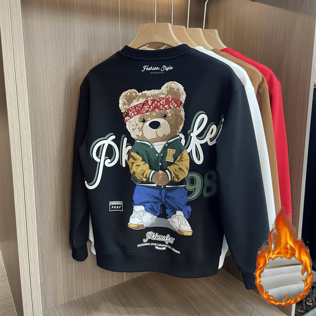 2024秋冬款小熊卫衣新款男款爆款潮牌男士冬装情侣加绒红色卫衣男