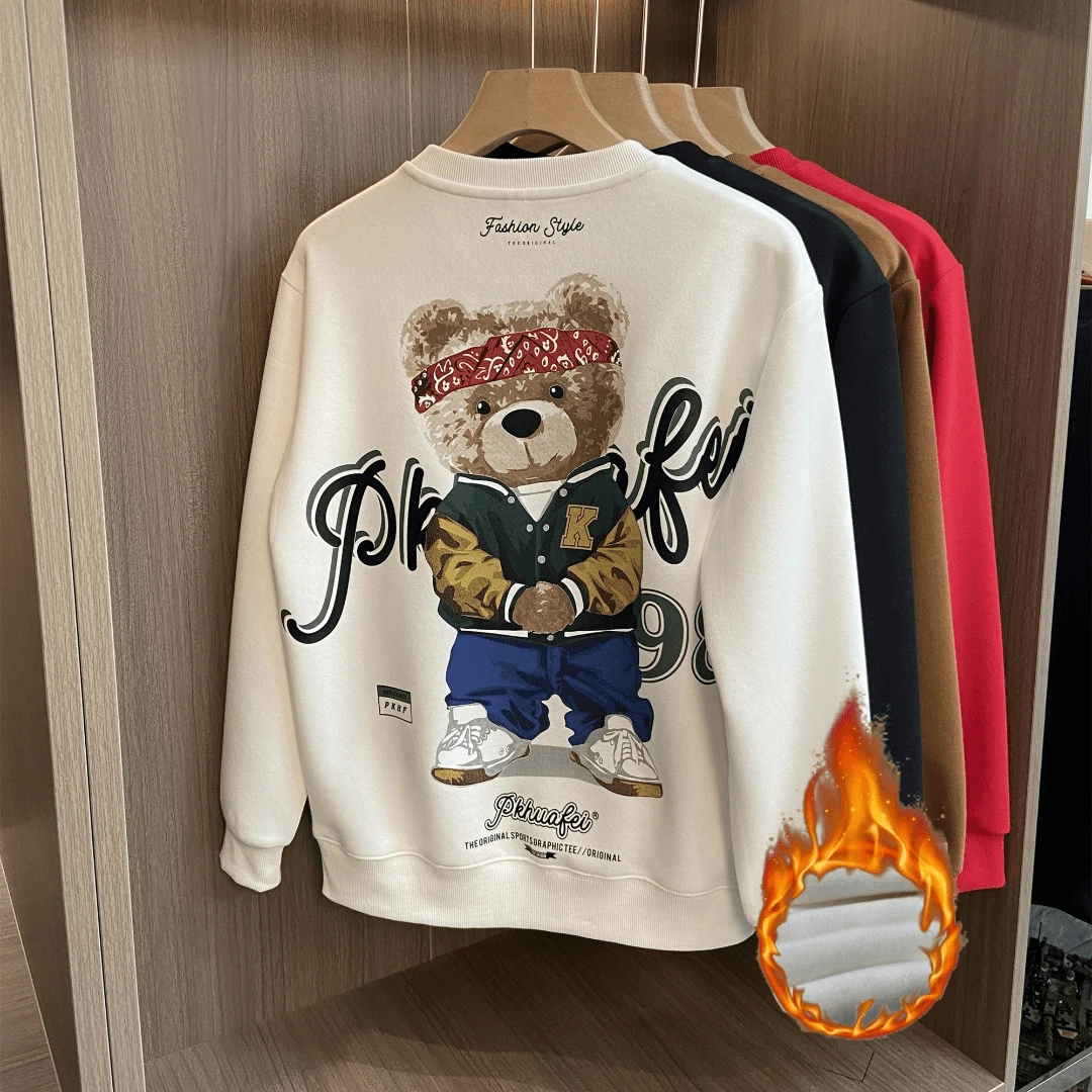 秋冬男士新爆款小熊卫衣高品质潮牌时尚情侣加绒加厚洋气卫衣外穿