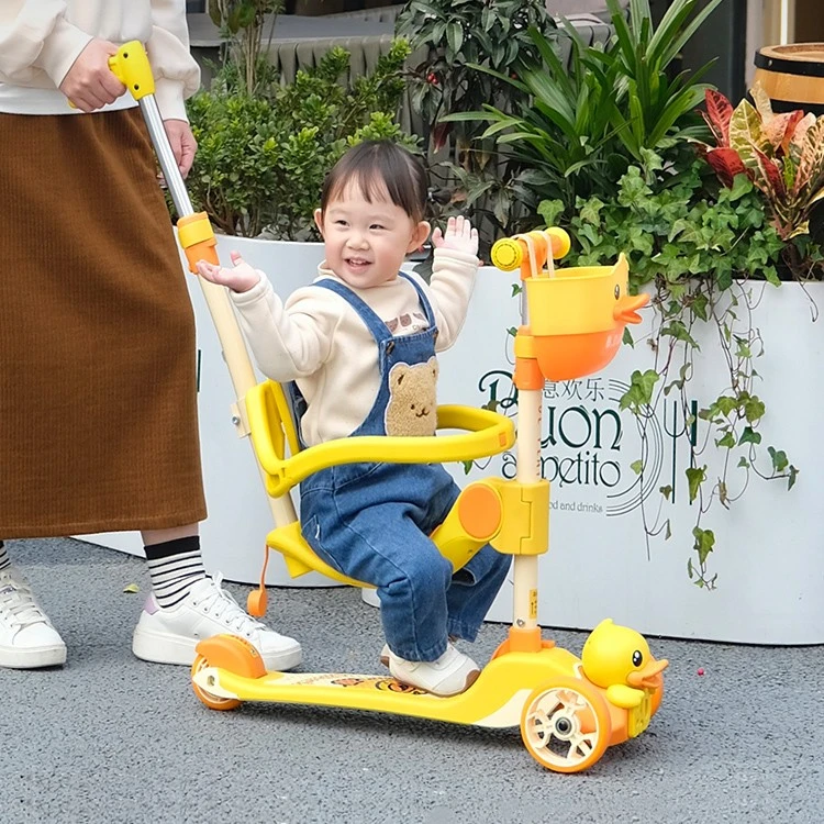 B.DUCK小黄鸭宝宝滑板车儿童发光三合一孩子多功能可拆卸专业可骑