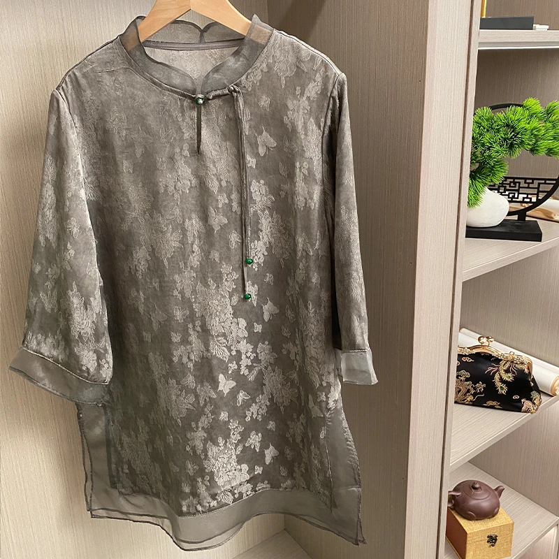 【燕语】新中式中国风国潮时尚设计师提花花萝网孔透气气质女士上衣