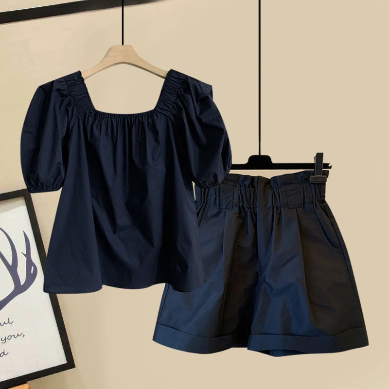 大码胖mm夏季法式方领泡泡袖衬衫上衣时髦高腰显瘦工装阔腿短裤女