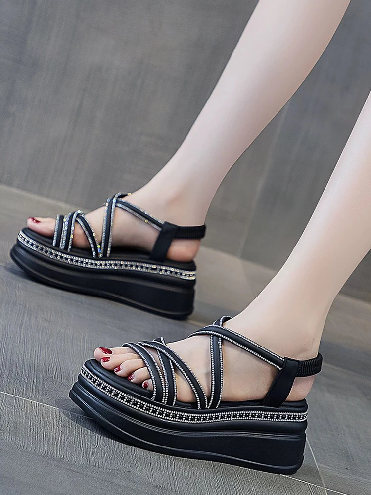 厚底松糕罗马凉鞋女时尚百搭仙女风露趾水钻增高