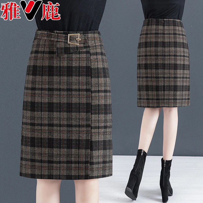 V/雅鹿正品复古格子半身裙女秋冬高腰百搭中长款毛呢包臀一步裙女