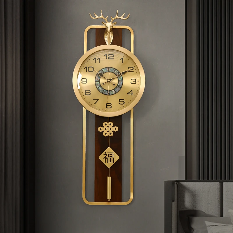 新中式黄铜挂钟实木轻奢鹿头客厅装饰钟表挂墙时钟古典石英钟8358