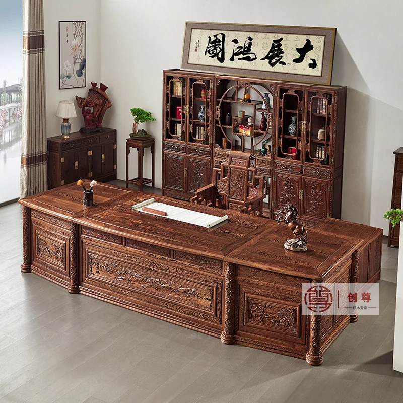 红木家具鸡翅木3.9米超豪华办公桌组合仿古八骏总裁办公台老板桌