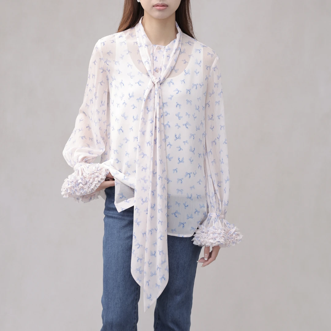 AMASS/阿玛施新款法式蝴蝶浪漫结印花飘带长袖花色衬衫5301047