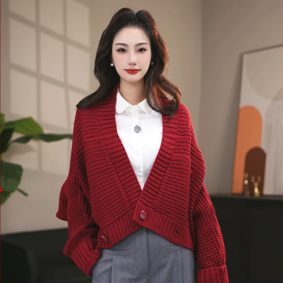 AMASS/阿玛施 优雅气质廓形针织外套女单排扣纯色针织开衫5499286