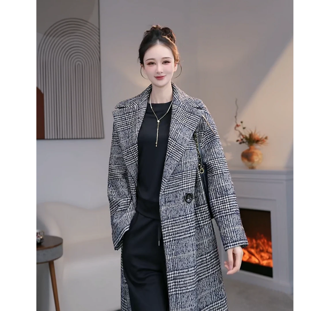 AMASS/阿玛施 复古百搭格纹长袖两粒扣宽松长款羊毛大衣5400361