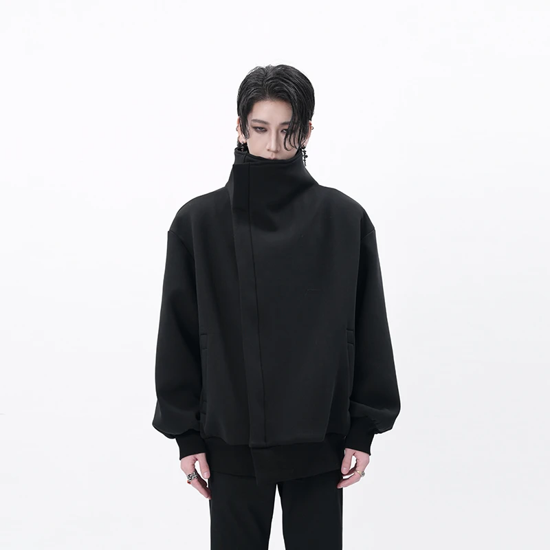 HARH“黑色幕歌”定制大廓型斜门襟冬季开衫立领加绒加厚卫衣外套