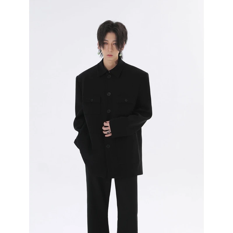 HARH 定制款 原创新中式黑色翻领直筒单排扣垫肩中山装西装外套