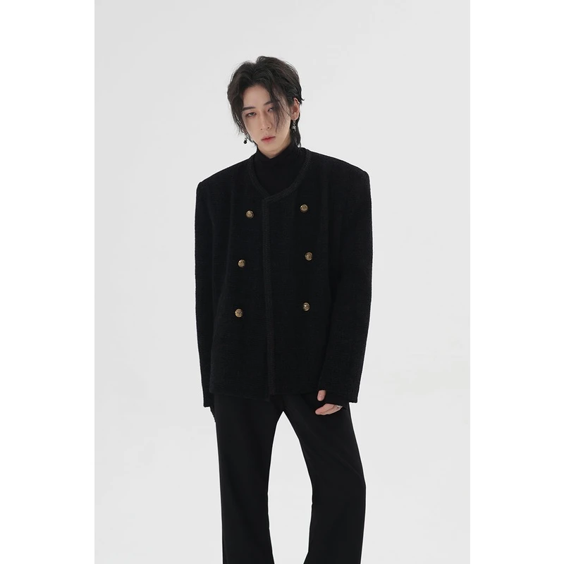 HARH 原创定制黑色毛呢小香风外套男秋冬中性小众宽松短款夹克