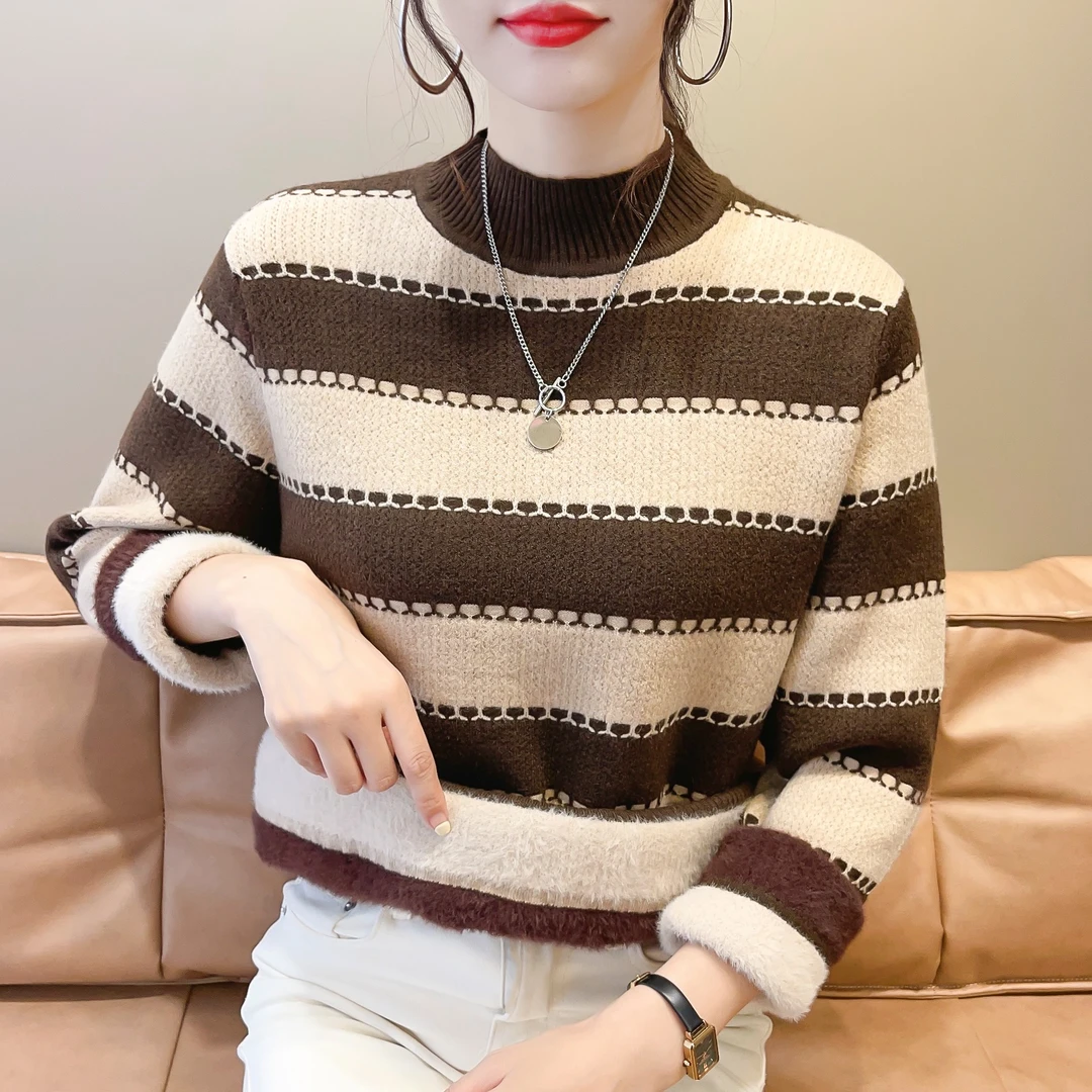条纹慵懒风宽松套头毛衣女秋冬加绒加厚打底内搭针织衫外穿上衣