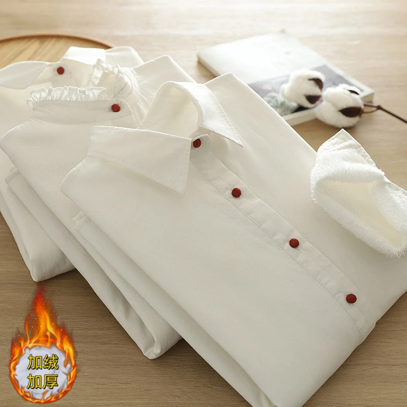 纯棉立领木耳边文艺衬衫森系加绒长袖纯色打底百搭减龄叠穿衬衣女