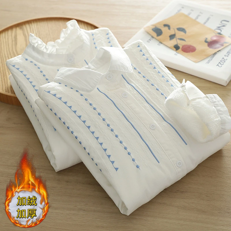 木耳边立领白色刺绣加绒保暖衬衫2024秋冬加厚长袖打底衬衣衬衣女