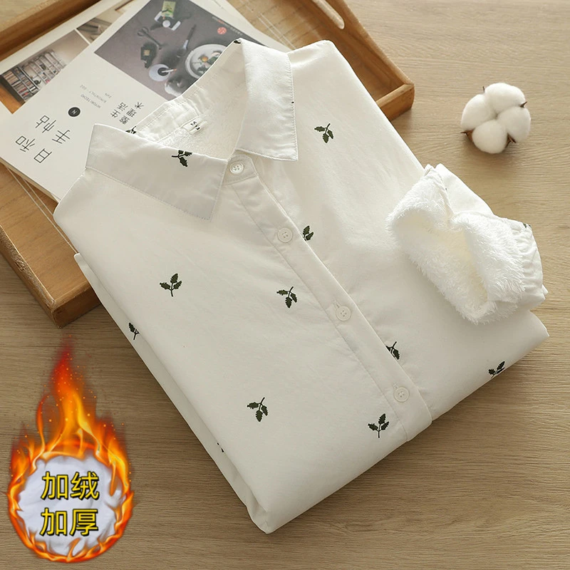 2024秋冬季印花新款加绒加厚尖领衬衫女百搭衬衣显瘦叠穿休闲上衣