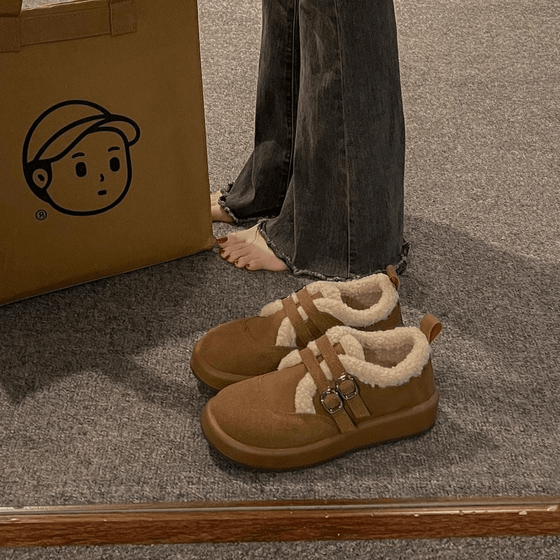 红蜻蜓牌磨砂勃肯鞋女2023秋冬新款双皮带扣毛毛鞋加绒保暖棉鞋圆