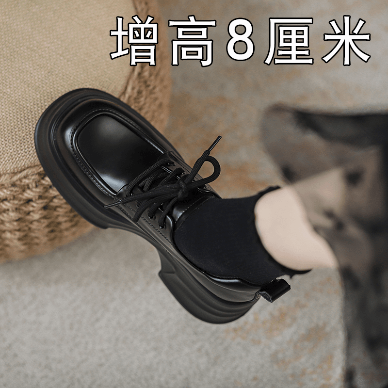 红蜻蜓牌厚底英伦风小皮鞋女2023新款百搭学院风通勤黑色工作鞋增