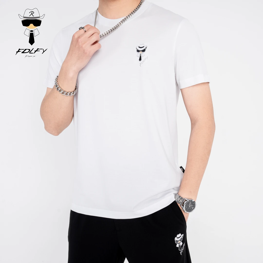 fdLfY老佛爷正品刺绣简约圆领透气轻奢海岛棉春夏宽松百搭男短袖