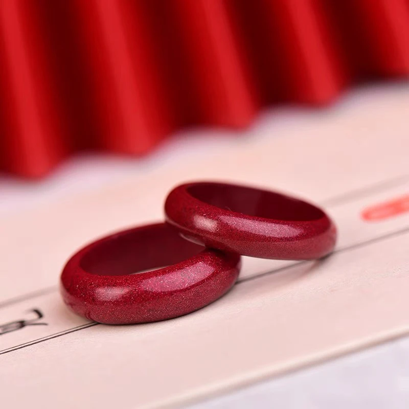 含辰砂工艺品朱砂晶体砂戒指素圈尾戒指环男女款红色戒指跑环