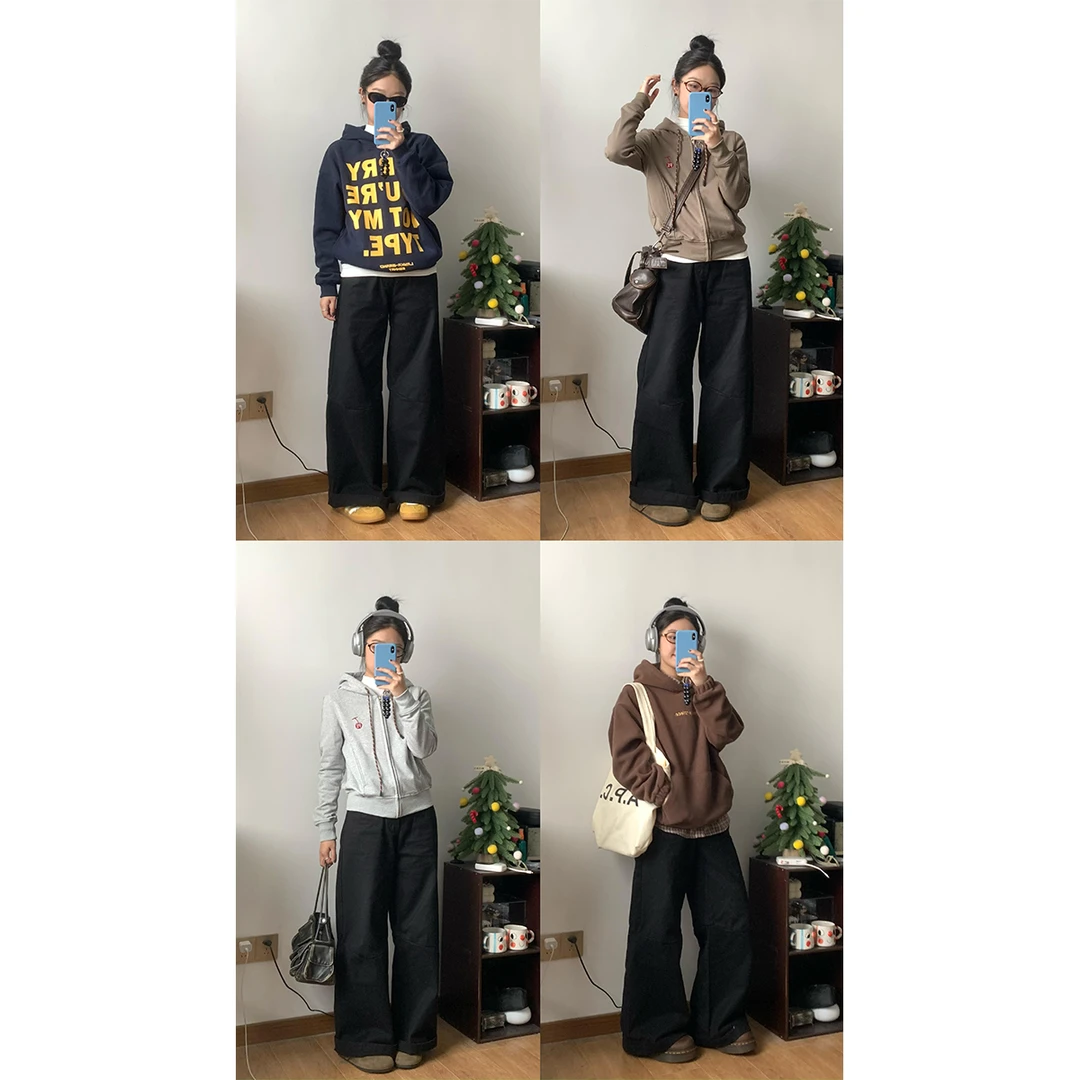 （清仓现货 不可退换）想文你SONN 拼接设计感硬挺阔腿黑色牛仔裤