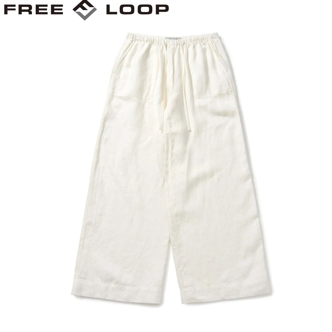 FREE LOOP【地中海白亚麻】松緊腰白色亚麻阔腿裤抽绳