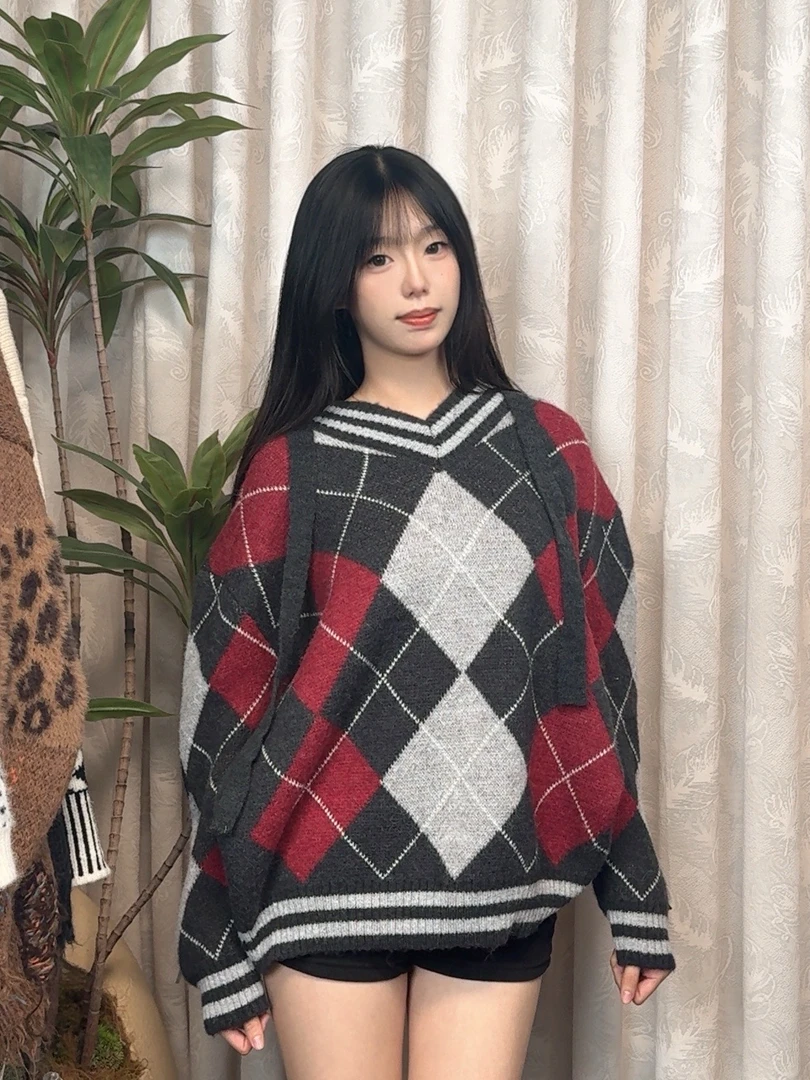 122赵露思同款菱形格慵懒连帽毛衣