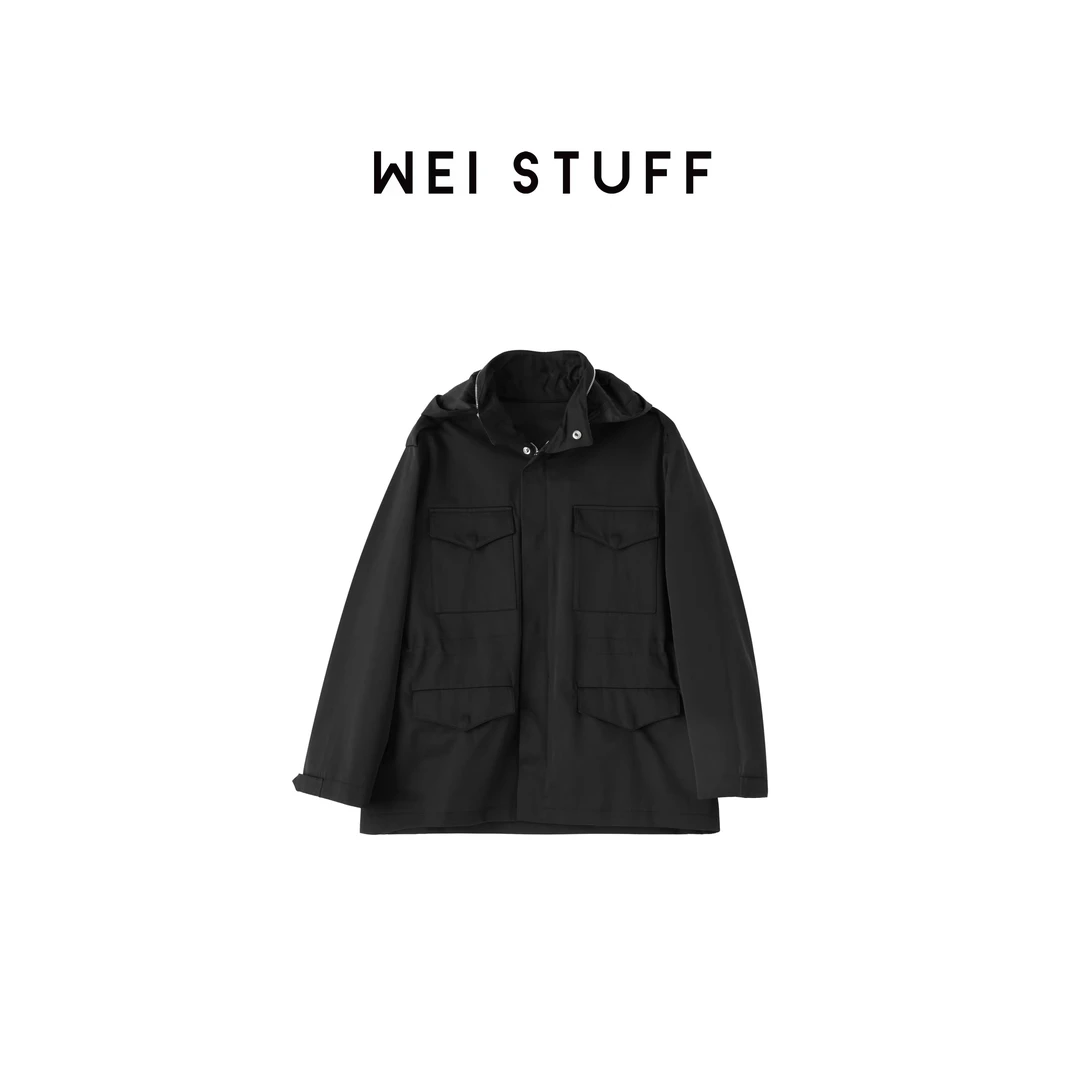 WEI STUFF 早春黑色美式显瘦百搭设计感多口袋收纳帽外套 6334.
