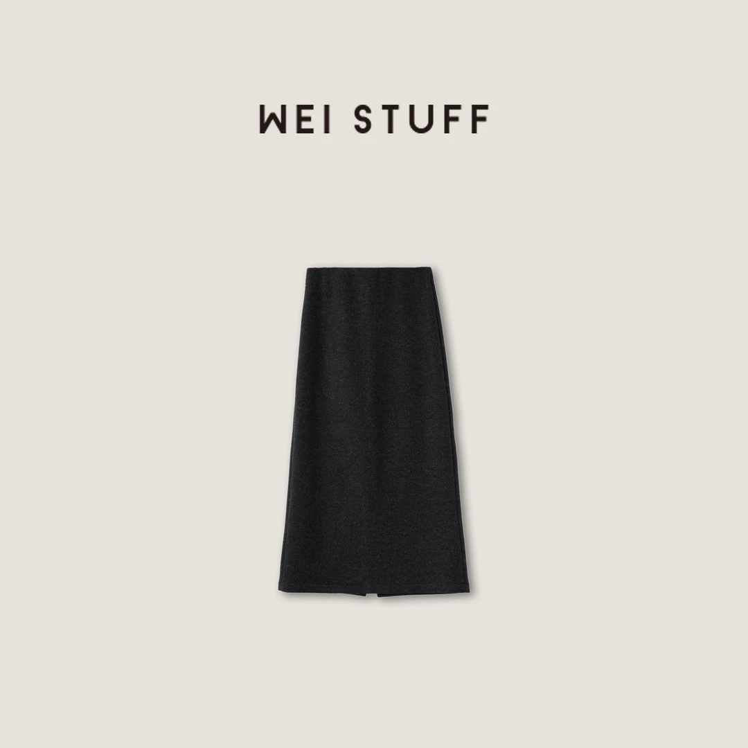 WEI STUFF 早春新款深灰色优雅百搭松紧腰后开叉包臀半身裙 8173