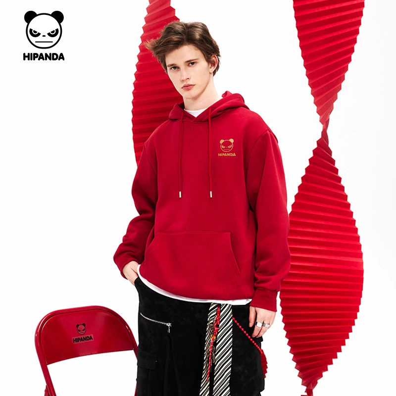 HiPanda你好熊猫蛇年新款莎酱红奥粒绒连帽卫衣秋冬情侣时尚帽衫