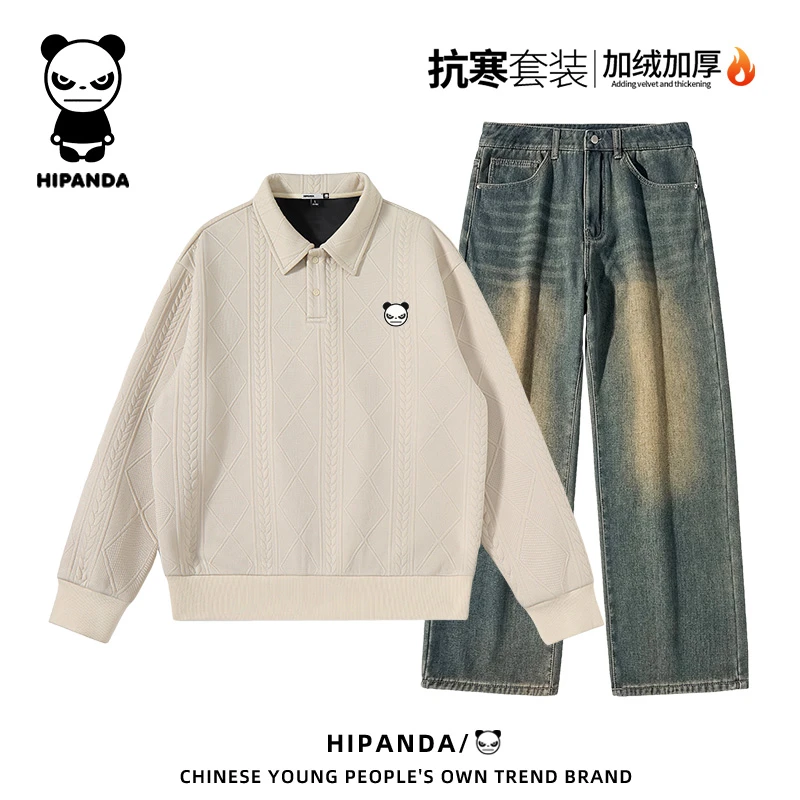 HiPanda你好熊猫冬季加绒时尚套装男提花翻领上衣复古水洗牛仔裤B