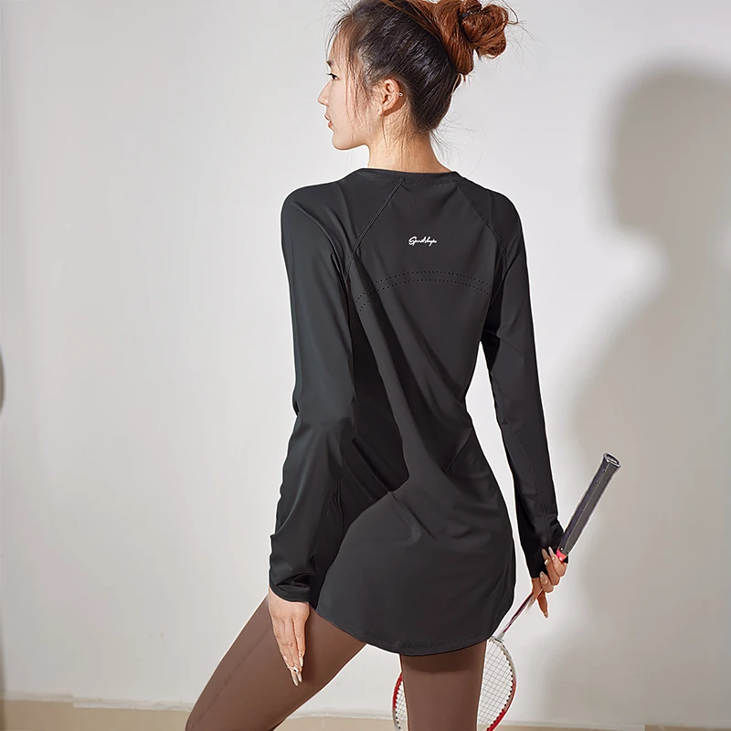 宽松运动上衣女速干长袖t恤胖mm遮臀大码瑜伽服跑步训练健身服秋