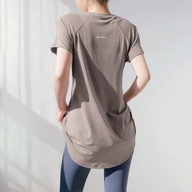 运动短袖女宽松遮臀中长款薄款罩衫跑步上衣健身服T恤加大码胖m