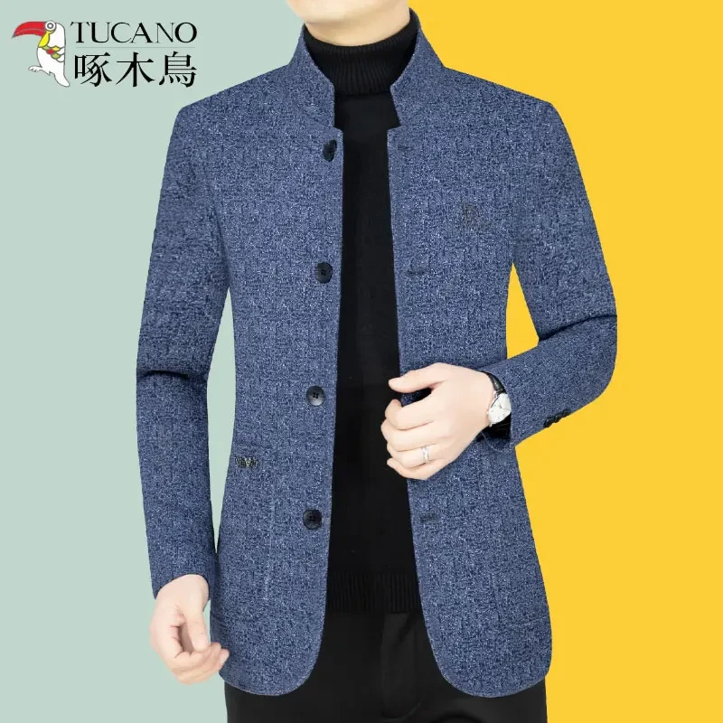 啄木鸟春秋款商务休闲毛呢大衣男立领薄款夹克爸爸外套修身高档潮