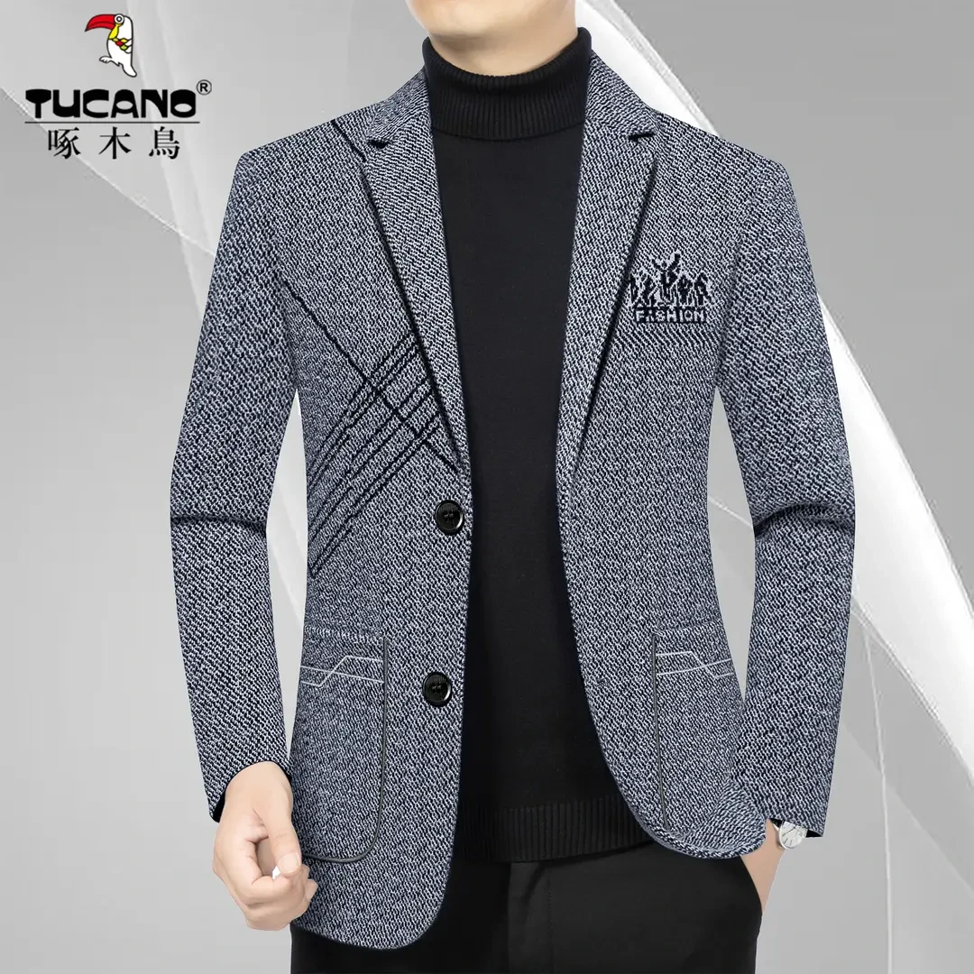 啄木鸟新款秋季爆款男士休闲呢子西装中年修身百搭毛呢西服外套男