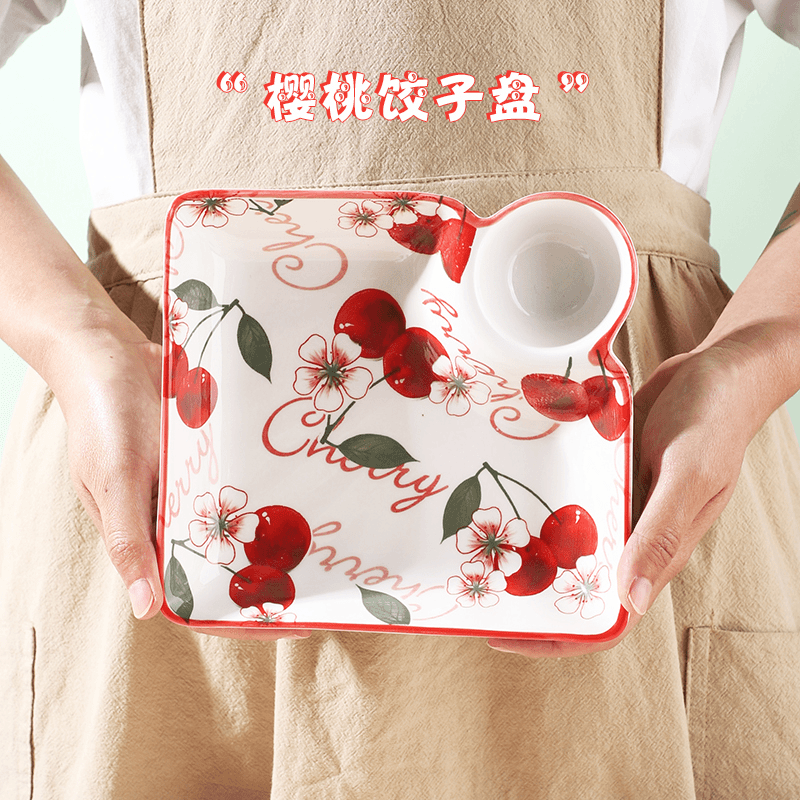 樱桃日式饺子盘家用新款带醋碟蘸料碟创意专用盘子可爱陶瓷