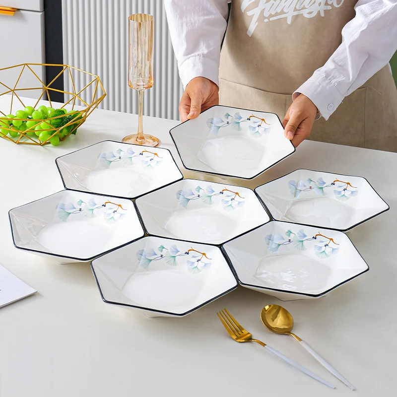 银杏花开饭盘加厚菜盘子六角盘圆盘陶瓷钻石餐盘家用碟子饭盘餐具