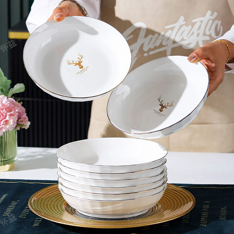【水晶钻石】小鹿*7英寸圆盘10只家用陶瓷餐具吃菜盘送礼家用碗套装