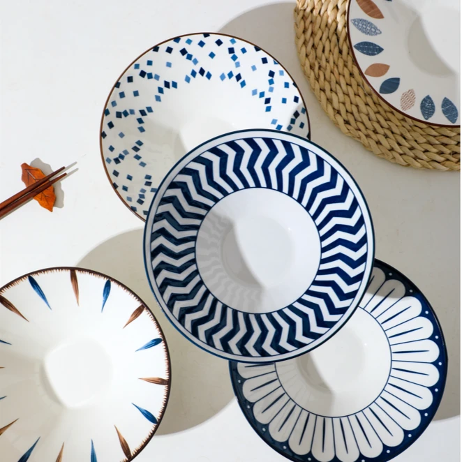 {分餐具}4只混装8英寸斗笠碗新中式描边工艺家用陶瓷大面碗高脚碗