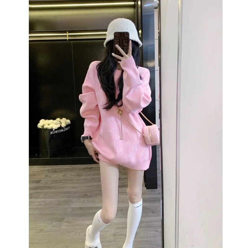 网红洋气慵懒风减龄粉色毛衣女秋冬韩版大版宽松时尚显瘦针织毛衫