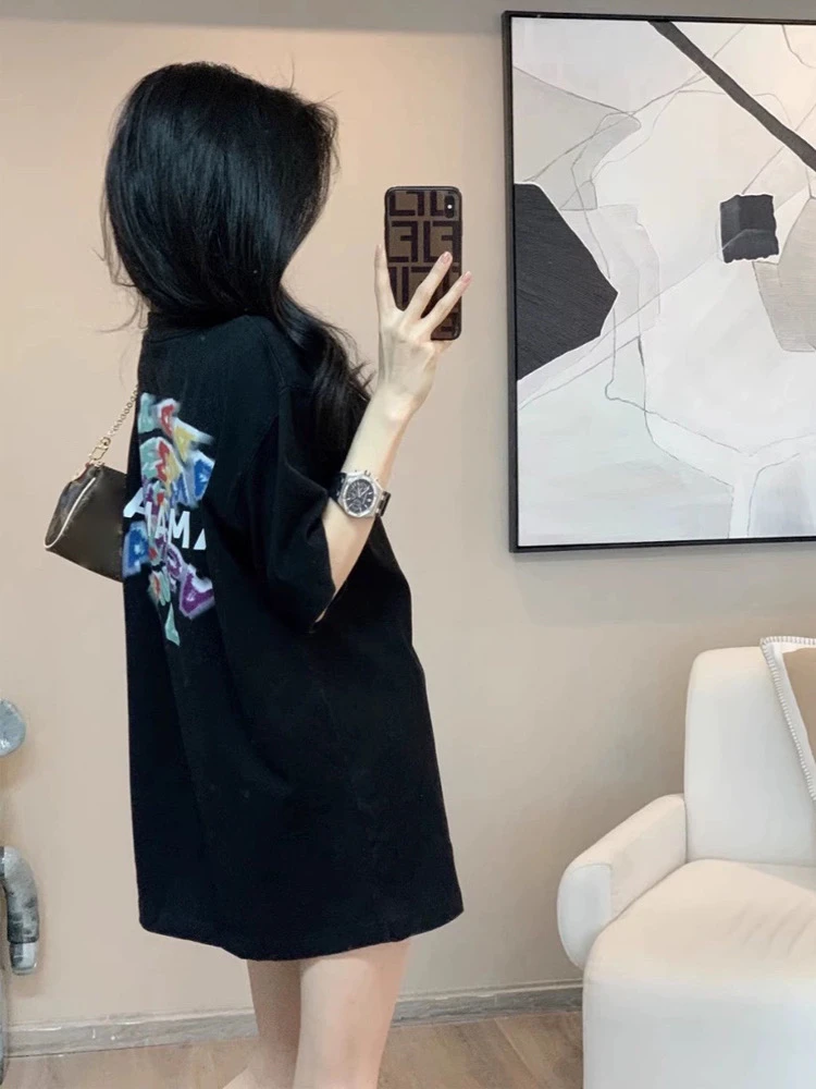 网红洋气黑色短袖T恤夏韩版宽松休闲运动t恤纯棉上衣男女同款情侣