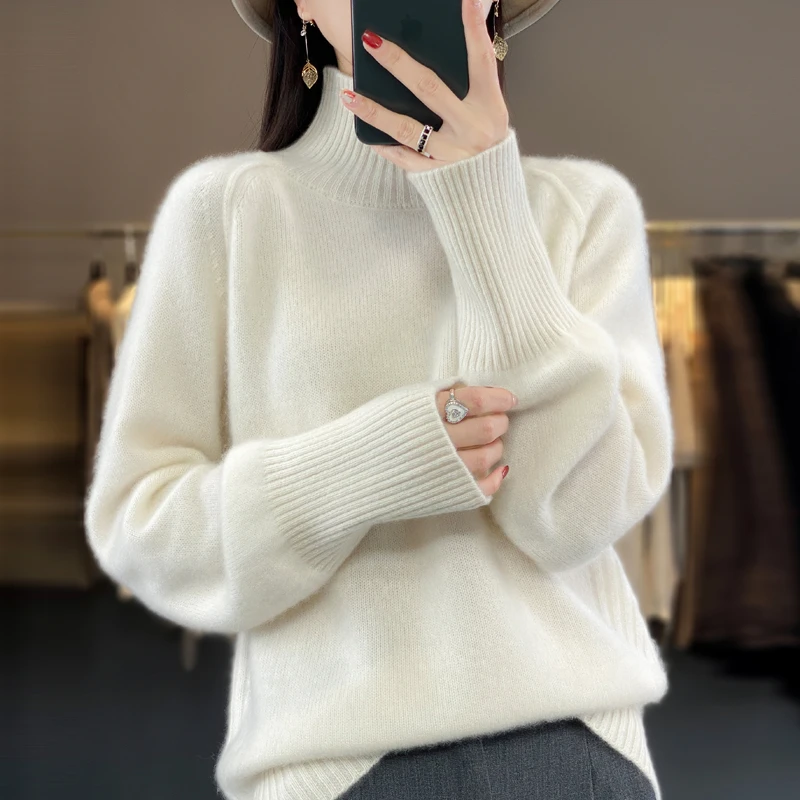 红莲高领100%纯羊毛衫女宽松韩版加厚套头毛衣2023秋冬针织打底衫