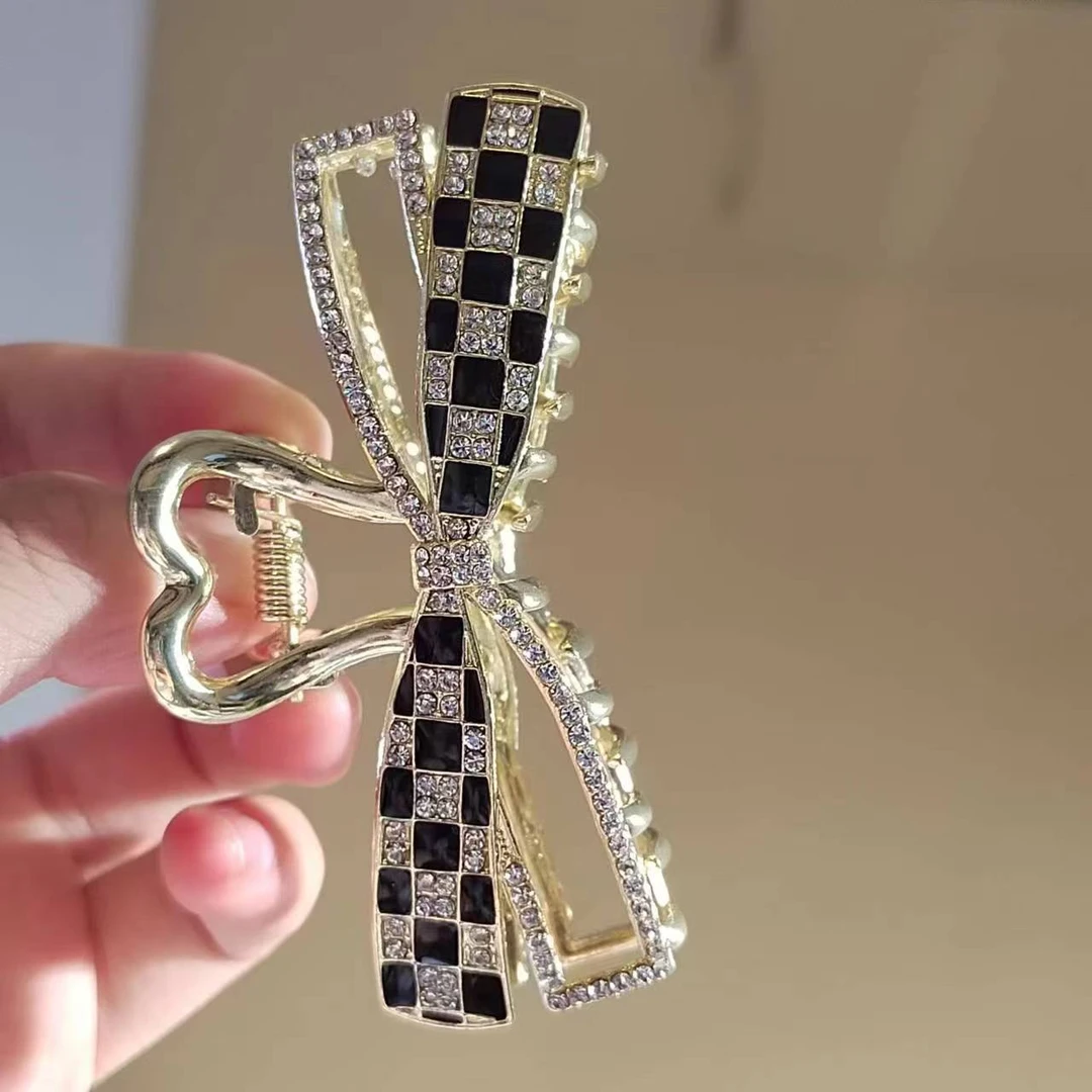 H136精致韩版气质复古棋盘格水钻时尚百搭后脑勺盘发抓夹优雅简约