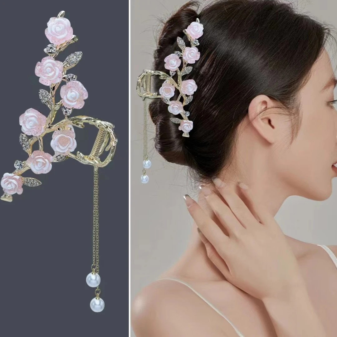 H83夏季超仙粉黛玫瑰花大抓夹流苏抓夹轻奢女高级感后脑勺鲨鱼夹
