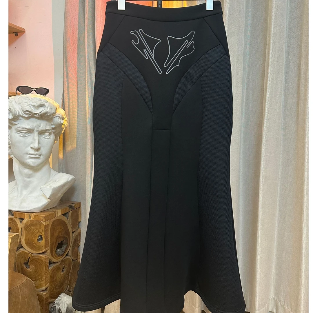 重工修身绣花拼接网布鱼尾半裙女显瘦